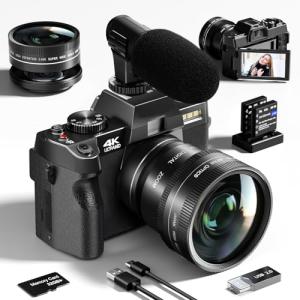 4K Digital Cameras for Photography 48MP/60FPS Video Vlogging Camera for YouTube with 3" 180° Flip Screen WiFi, 16X Digital Zoom Cameras with 32GB Micro Card Wide-Angle & Macro Lens (Light Black)