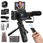 Digital Camera with Creator Accessory Kit 4K Photography Cameras 48MP Remote Control Vlog Camera for Beginners Autofocus Flip Screen with Tripod Grip, Wide-Angle & Macro Lens, Mic, Batteries Black