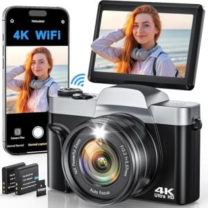 4K Digital Camera for Photography, WiFi 64MP Autofocus Vlogging Camera for YouTube, 3" 180° Flip Screen, 16X Zoom Antishake Compact Point and Shoot Travel Cameras with 32GB SD Card, 2 Batteries, Black