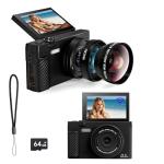 HD Digital Camera with Macro & Wide-Angle Lenses,Retro Autofocus Vlogging Camera with 3" 180° Flip Screen,App Control, WiFi,Includes 64GB SD Card,1500mAh Battery –Travel Kit for Beginners & Creators