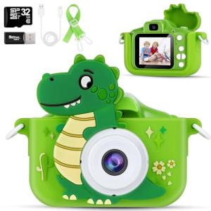 AWANKOU Kids Selfie Camera for Girls - 1080P Digital Camera with Soft Silicone Case, 32GB Storage for Kids 3-12 Years (Dinosaur Design)