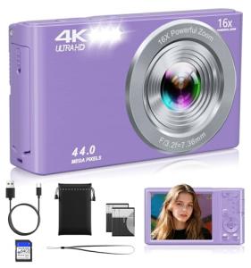 Digital Camera, FHD 4K 44MP Compact Point and Shoot Cameras with 64GB SD Card 2 Batteries, 16X Autofocus Digital Zoom Small Camera for Teens Kids Boys Girls