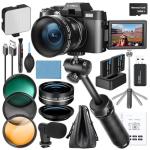 4K Digital Cameras for Photography, 48MP Vlogging Camera for YouTube with Microphone & Tripod Grip, Video Camera with Wide-Angle&Macro Lens, Content Creator Kit & Travel Camera（Black）