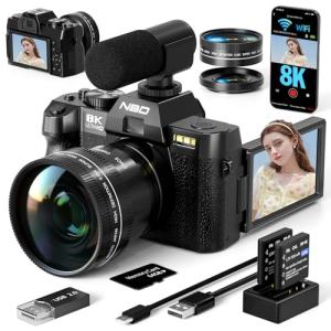 8K Digital Cameras for Photography 64MP - 16X Zoom Autofocus, WiFi, 180° Flip Screen with Wide-Angle & Macro Lens, Vlogging Camera for YouTube Travel with 64GB TF Card, 2 Batteries & Mic (Black)