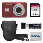 KODAK PIXPRO FZ55 16MP Digital Point & Shoot Camera, 5X Optical Zoom, 28mm Wide Angle, 1080P Full HD Video, Bundle with 32GB SD Card, Protective Case, and Hi-Speed Card Reader (Red)