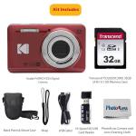 KODAK PIXPRO FZ55 16MP Digital Point & Shoot Camera, 5X Optical Zoom, 28mm Wide Angle, 1080P Full HD Video, Bundle with 32GB SD Card, Protective Case, and Hi-Speed Card Reader (Red)