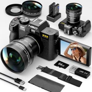 NBD 8K Digital Cameras for Photography,64MP Camara Fotograficas,Travel Vlogging Cameras for YouTube with 180°Flip Screen,16X Digital Zoom,Macro Lens,2 Batteries,64GB TF Card(Black)