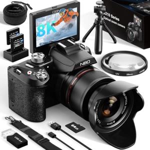 NBD 8K Digital Cameras for Photography,64MP Vlogging Cameras,16X Optical Zoom Travel Point and Shoot Digital Cameras Fotograficas with 180°Flip Screen,Hot Shoe,2 Batteries,64GB Card (Black)