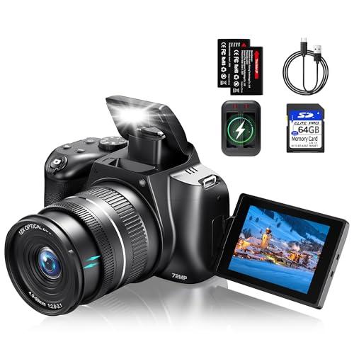 4K Digital Cameras for Photography, Autofocus 12X Optical Zoom 72MP Vlogging Camera for YouTube, Photography Camera with 270°Flip Screen, Wi-Fi & App-Controlled Cameras, 2 Batteries, 64GB Card, Black