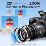 4K Digital Cameras for Photography, Autofocus 12X Optical Zoom 72MP Vlogging Camera for YouTube, Photography Camera with 270°Flip Screen, Wi-Fi & App-Controlled Cameras, 2 Batteries, 64GB Card, Black