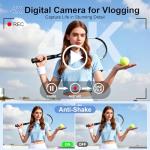 4K Digital Cameras for Photography, Autofocus 12X Optical Zoom 72MP Vlogging Camera for YouTube, Photography Camera with 270°Flip Screen, Wi-Fi & App-Controlled Cameras, 2 Batteries, 64GB Card, Black