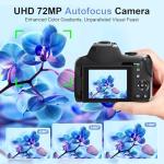 4K Digital Cameras for Photography, Autofocus 12X Optical Zoom 72MP Vlogging Camera for YouTube, Photography Camera with 270°Flip Screen, Wi-Fi & App-Controlled Cameras, 2 Batteries, 64GB Card, Black