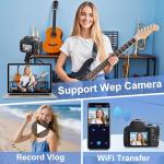 4K Digital Cameras for Photography, Autofocus 12X Optical Zoom 72MP Vlogging Camera for YouTube, Photography Camera with 270°Flip Screen, Wi-Fi & App-Controlled Cameras, 2 Batteries, 64GB Card, Black