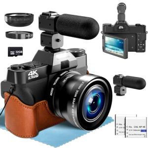 4K Digital Camera for Photography with External Adjustable Microphone, 56MP Vlogging Camera for YouTube and Video, 52mm Wide Angle & Macro Lens, with 180° Flip Screen,18X Digital Zoom, 32GB TF Card
