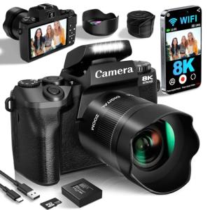 8K Digital Cameras for Photography, 64MP Vlogging Camera for YouTube with 4" Touch Screen, Dual Front/Rear Cameras with LED Fill Light, 3000MAh Battery, Lens Hood, Hot Shoe & 32GB TF Card