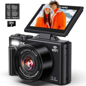 5K Digital Camera - WiFi 75MP Cameras for Photography - UHD Vlogging Camera for YouTube with 3" 180° Flip Screen - Autofocus Compact Video Travel Camara with 18X Zoom, 32GB SD Card, 2 Batteries