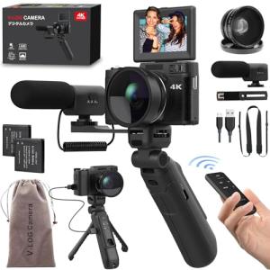 4K Digital Camera with Creator Accessory Kit 48MP Remote Control Vlogging Camera for Vloggers Autofocus Flip Screen Photography Cameras with Tripod Grip, Wide-angle & Macro lens, Mic, Batteries