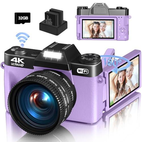 4K Digital Camera for Photography & Vlogging, 56MP YouTube Camera with WiFi, 3" 180° Flip Screen, 16X Digital Zoom, 52mm Wide Angle & Macro Lens, 32GB TF Card, 2 Batteries – Purple