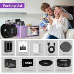 4K Digital Camera for Photography & Vlogging, 56MP YouTube Camera with WiFi, 3" 180° Flip Screen, 16X Digital Zoom, 52mm Wide Angle & Macro Lens, 32GB TF Card, 2 Batteries – Purple