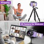 4K Digital Camera for Photography & Vlogging, 56MP YouTube Camera with WiFi, 3" 180° Flip Screen, 16X Digital Zoom, 52mm Wide Angle & Macro Lens, 32GB TF Card, 2 Batteries – Purple