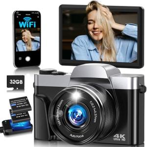 4K Digital Camera for Photography with WiFi,64MP Autofocus Vlogging Camera for YouTube,3'' 180° Flip Screen Compact Travel Camera for Teens with 32GB SD Card,16X Zoom,Anti-Shake,2 Batteries(Black)