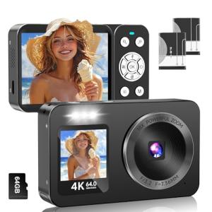 WABL Digital Camera, 4K 64MP UHD Dual Screens Camera, 18X Zoom, Portable Small Point and Shoot Digital Cameras with 64GB TF Card, 2 Rechargeable Batteries for Kids, Teens, Adult, Selfies, Gifts- Black