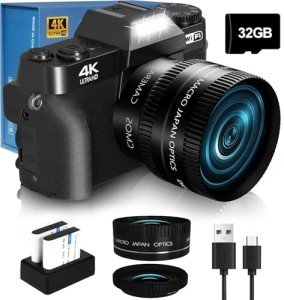 4K 56MP Digital Camera for Photography NIKICAM Vlogging Camera for YouTube with 180° Flip Screen, WiFi,16X Digital Zoom, 52mm Lens, 2 Batteries, 32GB Micro SD Card(Black)