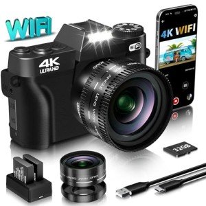 VJIANGER 4K Vlogging Camera for YouTube 56MP Digital Camera for Photography and Video with 180°Flip Screen, 16X Digital Zoom, 52mm Wide Angle & Macro Lens, 32GB Micro SD Card, 2 Batteries(Black)
