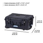 MEIJIA Portable Waterproof Protective Case, Hard Compact Camera Case with Retractable Pull Handle and Rolling Wheels,Customizable Fit Foam Inserted, Black, 22.06X17.93 X10.43 inches