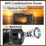 5K Digital Camera Autofocus for Photography, 64MP Vlogging Camera 5X Optical Zoom Retro Cameras for YouTube, 1.66 Aperture Wide-Angle Lens, Travel 4K Video Camera, Compact Camera 40x Zoom Flip Screen