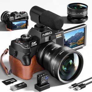NBD 5K Digital Camera for Photography & Vlogging – 48MP Autofocus, 16X Zoom, Wide-Angle Macro Lens, Built-in Mic & Fill Light, Detachable Leather Case, 32GB SD Card & Extra Battery Included
