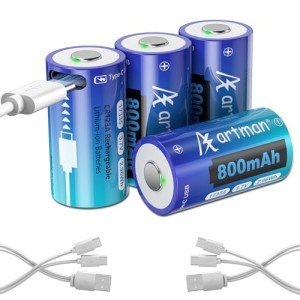 Artman CR123A 3V Lithium Battery 800mAh 4 Pack, USB-C CR123A Rechargeable Batteries CR17345 Battery Compatible with Arlo Cameras VMC3030 VMK3200 VMS3330 3430 3530, Flashlight Microphone
