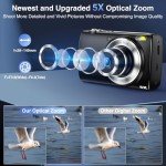 5K Digital Camera for Photography Autofocus with 5X Optical Zoom, 2024 Upgraded 64MP Vlogging Camera with Front and Rear Lens, Touch Screen, SD Card, 2 Batteries, Compact Point and Shoot Camera, Black