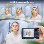 5K Digital Camera for Photography Autofocus with 5X Optical Zoom, 2024 Upgraded 64MP Vlogging Camera with Front and Rear Lens, Touch Screen, SD Card, 2 Batteries, Compact Point and Shoot Camera, Black