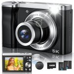 5K Digital Camera,10X Optical Zoom Vlogging Camera with 64GB Card, 56MP Front and Rear Selfie Lens, Flash, Compact Cameras for Photography and Video, 3" Touch Screen & Two Batteries