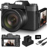 Digital Camera, 4K Vlogging Camera for YouTube 56MP 16X Digital Zoom Manual Focus Students Compact Photography Camera with 52mm Wide-Angle & Macro Lens, 32G TF Card and 2 Batteries(Black)