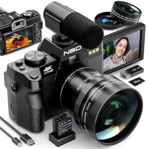 Digital Cameras for Photography,4K Vlogging Cameras for YouTube,Travel Point and Shoot Digital Cameras Fotograficas with 180°Flip Screen,16X Digital Zoom,52mm Macro Lens,2 Batteries(Black)