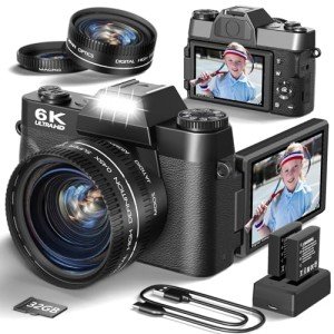 6K Digital Camera for Photography, 64MP Vlogging Camera for YouTube with 3" 180° Flip Screen, 16X Zoom Autofocus Compact Travel Beauty Cameras for Teens, with 32GB TF Card