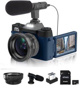 4K 56MP Digital Vlogging Camera for YouTube with 3.0’’ 180° Flip Screen, WiFi, 16X Digital Zoom, Wide Angle & Macro Lens Rechargeable Battery, 64GB Micro SD Card (Essential Kit, Navy)