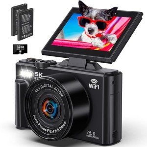5K Digital Camera for Photography - WiFi 75MP Vlogging Cameras for YouTube - UHD Autofocus Video Camera 3" 180° Flip Screen with 18X Zoom - Compact Vlog Travel Camara with 32GB SD Card, 2 Batteries