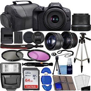 Canon EOS R100 Mirrorless Camera w/RF-S 18-45mm f/4.5-6.3 is STM Lens + Wide Angle Lens + Telephoto Lens + 64GB Memory + 3 Pc Filter Kit + Case + Flash + Tripod + More (37pc Bundle) (Renewed)