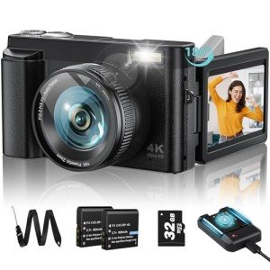 Upgrade 4K Digital Camera for Photography 48MP with 3'' 180° Flip Screen 16X Zoom Autofocus Vlogging Camera for YouTube, Compact Point and Shoot Cameras with 32G Card, 2 Batteries & Battery Charger