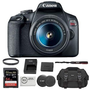 Canon EOS Rebel T7 DSLR Camera with 18-55mm Lens Bundled with 64GB Memory Card + Camera Bag + 58mm UV Filter + Microfiber Cleaning Cloth (5 Items)