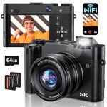 Digital Camera, 6X Optical Zoom & WiFi, 5K 30FPS 64MP Vlogging Camera, Rear and Front Cameras for Photography and Video, Autofocus & Anti-Shake, Travel Selfie for YouTube with Flash Dial 64GB Card