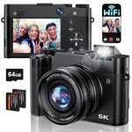 Digital Camera, 6X Optical Zoom & WiFi, 5K 30FPS 64MP Vlogging Camera, Rear and Front Cameras for Photography and Video, Autofocus & Anti-Shake, Travel Selfie for YouTube with Flash Dial 64GB Card