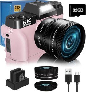 6K 64MP Digital Camera for Photography NIKICAM Vlogging Camera for YouTube with 180° Flip Screen, WiFi,16X Digital Zoom, 52mm Lens, 2 Batteries, 32GB Micro SD Card(Pink)