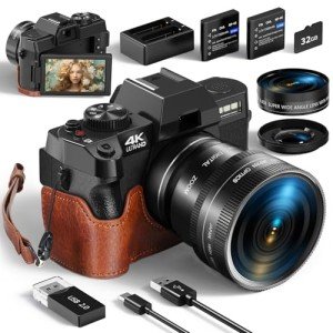Digital Camera for Photography and Video,4K 48MP Vlogging Camera for YouTube with 180° Flip Screen,16X Digital Zoom,52mm Wide Angle,Leather Hold & Strap, 2 Batteries, 32GB TF Card