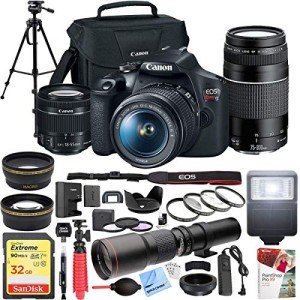 Canon EOS Rebel T7 DSLR Camera with EF 18-55mm with EF 75-300mm Double Zoom Kit Bundle with 500mm Preset Telephoto Lens, 32GB Memory Card, Tripod, Paintshop Pro and Accessories (10 Items)