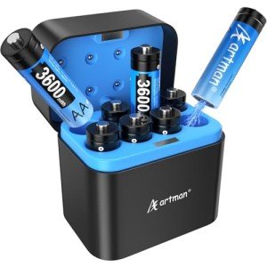 Artman Rechargeable Lithium AA Batteries with Charger, 8 Pack 3600mWh AA Lithium Batteries for Blink Outdoor Camera, 1.5V Constant Output Double A Battery Rechargeable, 2000 Cycle Charging Time (Blue)