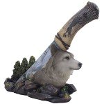 Decorative Gray Wolf Hunting Knife on Display Stand with Stainless Steel Blade for Rustic Cabin & Lodge Decor As Shelf, Mantel or Desk Decorations or Gifts for Hunters and Outdoorsmen